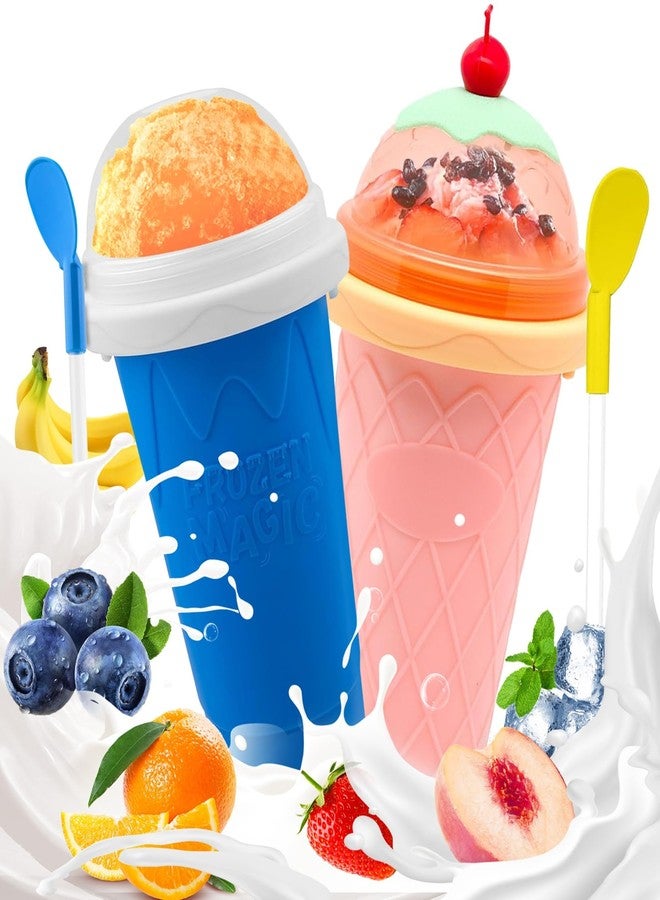 FANS-ONE Slushie Cup, 2 Pack Slushy Maker Cups, DIY Magic Squeeze Cups for Juice Milk Yogurt Make, Portable Double Layer Smoothie Cup with Lid & Straw for Kids Friends Family (Blue+New Pink) - Image 1